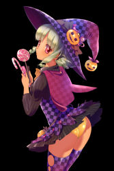 Rule 34 | 1girl, ass, bad id, bad pixiv id, black background, blonde hair, bow, candy, capelet, checkered clothes, checkered headwear, checkered legwear, cowboy shot, drill hair, food, halloween, hat, hat bow, jack-o&#039;-lantern, kawagoe pochi, lollipop, looking at viewer, original, panties, pantyshot, pink eyes, pinstripe pattern, purple thighhighs, short hair, skirt, solo, striped, thighhighs, underwear, upskirt, witch hat, yellow panties