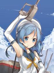Rule 34 | 10s, 1girl, arm up, armpits, bare shoulders, blue eyes, blue sky, blush, day, double bun, elbow gloves, finger on trigger, gloves, hair bun, hat, kantai collection, looking at viewer, machinery, max melon, neckerchief, sailor collar, sailor hat, school uniform, serafuku, sky, sleeves rolled up, smile, solo, upper body, urakaze (kancolle), white gloves, white hat, yellow neckerchief