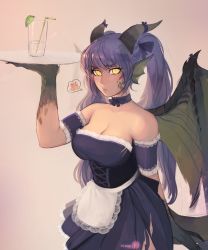 Rule 34 | 1girl, absurdres, alternate costume, animal ears, animal hands, apron, arm garter, bad id, bad tumblr id, bare shoulders, black choker, blue hair, blush, breasts, bright pupils, choker, claws, cleavage, closed mouth, commentary, cup, dragon (monster girl encyclopedia), dragon girl, dragon horns, dragon tail, dress, drinking glass, drinking straw, english commentary, enmaided, fins, fire, food, fruit, green wings, head fins, highres, holding, holding tray, horn ornament, horns, large breasts, lime (fruit), lime slice, long hair, looking at viewer, maid, maid apron, matilda fiship, monster girl, monster girl encyclopedia, patreon logo, patreon username, pout, slit pupils, solo, speech bubble, standing, tail, torn clothes, torn dress, tray, twintails, upper body, very long hair, wings, yellow eyes