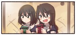 Rule 34 | &gt;:d, 10s, 2girls, :d, ashigara (kancolle), black eyes, black hair, blush stickers, cable, commentary request, fang, flashback, game boy, game boy (original), haguro (kancolle), hair ornament, handheld game console, holding, ido (teketeke), kantai collection, long hair, multiple girls, open mouth, short hair, smile, v-shaped eyebrows, aged down