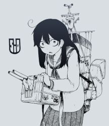 Rule 34 | 1girl, ahoge, bags under eyes, commentary request, constricted pupils, kantai collection, long sleeves, machinery, mast, monochrome, nib pen (medium), pleated skirt, satou ikken, scared, school uniform, serafuku, skirt, slouching, solo, traditional media, turret, ushio (kancolle)