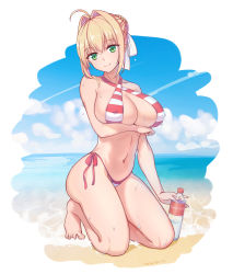 Rule 34 | 1girl, ahoge, arm under breasts, bare arms, bare legs, bare shoulders, barefoot, bikini, blue sky, bottle, breasts, cleavage, closed mouth, collarbone, contrail, criss-cross halter, day, english text, fate/grand order, fate (series), feet, full body, green eyes, hair bun, hair intakes, halterneck, highres, horizon, kneeling, large breasts, looking at viewer, navel, nero claudius (fate), nero claudius (fate) (all), nero claudius (swimsuit caster) (fate), ocean, outdoors, panana, red bikini, servant (fate), side-tie bikini bottom, single hair bun, sky, smile, solo, stomach, striped bikini, striped clothes, swimsuit, toes, water, water bottle
