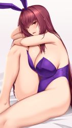 Rule 34 | 1girl, akitsuki karasu, animal ears, bare legs, bed, bed sheet, blush, breast press, breasts, cleavage, fate/grand order, fate (series), highres, large breasts, leg up, legs, leotard, long hair, playboy bunny, rabbit ears, scathach (fate), scathach (piercing bunny) (fate), solo, thighs