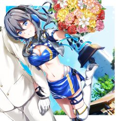 Rule 34 | 1boy, 1girl, absurdres, admiral (kancolle), arm hug, bandeau, black gloves, blue bandeau, blue eyes, blue hair, blue skirt, boots, bouquet, church tower, cowboy shot, cropped jacket, dutch angle, flower, gloves, gotland (kancolle), hair bun, half gloves, head out of frame, headphones, headset, high heel boots, high heels, highleg, highleg panties, highres, jacket, kantai collection, long hair, looking at viewer, microphone, mole, mole under eye, official alternate costume, panties, parted lips, ponytail, race queen, single hair bun, skirt, smile, solo focus, thigh boots, thighhighs, underwear, watarino, white footwear, white jacket, white panties, white thighhighs