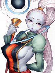 Rule 34 | 10s, 1girl, arm behind back, blue skin, breasts, colored skin, dragon ball, dragon ball super, covered erect nipples, fumio (rsqkr), long hair, looking to the side, pale skin, ponytail, purple eyes, sideboob, simple background, solo, vados (dragon ball), very long hair, white background, white hair