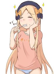 Rule 34 | 1girl, :t, abigail williams (fate), absurdres, black bow, black hat, blush, bow, closed eyes, closed mouth, clothes writing, collarbone, commentary request, facing viewer, fate/grand order, fate (series), food, food on face, foodgasm, forehead, hair bow, hand on own cheek, hand on own face, hat, highres, holding, holding spoon, long hair, mitiru ccc2, no pants, orange bow, panties, parted bangs, pink shirt, rice, rice on face, shirt, short sleeves, simple background, sketch, solo, sparkle, spoon, striped clothes, striped panties, underwear, very long hair, white background