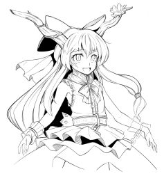 Rule 34 | 1girl, bow, chain, greyscale, hair bow, horn ornament, horn ribbon, horns, ibuki suika, long hair, monochrome, oni, open mouth, ribbon, simple background, slit pupils, smile, solo, tanuk, touhou, white background