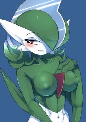 Rule 34 | 1girl, absurdres, alternate hair length, alternate hairstyle, ashraely, bad id, bad pixiv id, blue background, blush, breasts, collarbone, colored skin, commission, creatures (company), female focus, gallade, game freak, gen 4 pokemon, genderswap, genderswap (mtf), gradient hair, green hair, green skin, grey hair, groin, hair over one eye, half-closed eyes, hand on own chest, hand up, happy, highres, looking at viewer, medium breasts, medium hair, mohawk, multicolored hair, multicolored skin, navel, nintendo, nipples, parted lips, pokemon, pokemon (creature), red eyes, shiny skin, simple background, smile, solo, standing, stomach, teeth, toned, two-tone hair, two-tone skin, upper body, white skin