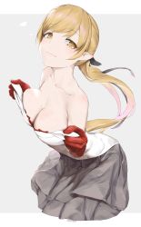 Rule 34 | 1girl, :3, bare shoulders, black ribbon, black skirt, blonde hair, blush, breast press, breasts, character name, cleavage, collarbone, dress, female focus, gloves, grey background, hair ribbon, head tilt, highres, kiss-shot acerola-orion heart-under-blade, kizumonogatari, large breasts, long hair, looking at viewer, looking to the side, matching hair/eyes, monogatari (series), oshin0 (zheng), oshino shinobu, pleated skirt, pointy ears, ponytail, pulling own clothes, red gloves, ribbon, skirt, smile, solo, strapless, strapless dress, swept bangs, two-tone background, white background, white dress, yellow eyes