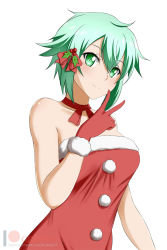 Rule 34 | 1girl, artist name, bare arms, bare shoulders, blush, bow, breasts, closed mouth, collarbone, commentary, dress, fur-trimmed gloves, fur trim, gloves, green eyes, green hair, hair bow, hair ornament, highres, holly hair ornament, kimmy77, looking at viewer, medium breasts, neck ribbon, pom pom (clothes), red bow, red dress, red gloves, red ribbon, ribbon, santa costume, short hair, simple background, sinon, smile, solo, strapless, strapless dress, sword art online, upper body, v, watermark, web address, white background