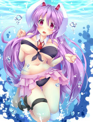 Rule 34 | 1girl, air bubble, akairo no mako, animal ears, barefoot, bikini, blush, breasts, breath, bubble, detached collar, female focus, full body, highres, holding breath, large breasts, long hair, navel, necktie, open mouth, pink eyes, purple hair, rabbit ears, reisen udongein inaba, single thighhigh, skirt, solo, swimsuit, thighhighs, touhou, underwater, upskirt, very long hair, white thighhighs