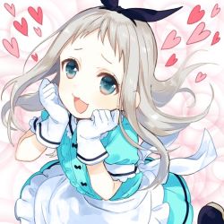 Rule 34 | 1boy, :3, apron, blend s, blue dress, blue eyes, blush, center frills, crossdressing, dress, frills, gloves, grey hair, hairband, half-closed eyes, hands on own face, heart, kanzaki hideri, long hair, looking at viewer, looking to the side, maid apron, male focus, nakayama miyuki, open mouth, smile, solo, trap, wavy mouth