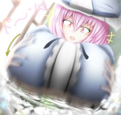 Rule 34 | +++, 1girl, :d, bad id, bad nicoseiga id, bird, blue dress, blurry, breast hold, breasts squeezed together, breasts, cloud, dress, ghost, giant, giantess, hands on breasts, hat, highres, huge breasts, huge giantess, japanese clothes, mob cap, neva, open mouth, pink eyes, pink hair, saigyouji yuyuko, short hair, smile, solo, touhou, triangular headpiece, wide sleeves