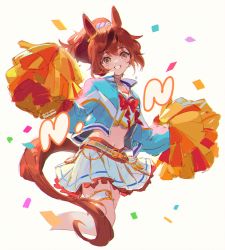 Rule 34 | 1girl, animal ears, artist name, blue jacket, blush, brown hair, character name, collared jacket, confetti, crop top, cropped legs, grin, holding, holding pom poms, horse ears, horse girl, horse tail, jacket, layered skirt, long sleeves, looking at viewer, medium hair, midriff, navel, nice nature (run&amp;win) (umamusume), nice nature (umamusume), open clothes, open jacket, pom pom (cheerleading), pom poms, ponytail, shirt, simple background, skirt, smile, solo, tail, teeth, thigh strap, umamusume, welchino, white background, white shirt, white skirt