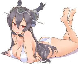 Rule 34 | 10s, 1girl, arm support, ass, bare legs, bare shoulders, barefoot, bikini, black hair, blush, breasts, butt crack, feet, hair between eyes, headgear, highres, kantai collection, legs up, long hair, looking at viewer, lying, nagato (kancolle), on stomach, red eyes, simple background, solo, swimsuit, the pose, tori kaku, very long hair, white background, white bikini