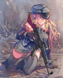 Rule 34 | 10s, 1girl, assault rifle, bare shoulders, bismarck (kancolle), black gloves, blonde hair, blood, blood on face, blue eyes, breasts, bullet, bullet casing, colored eyelashes, commentary request, cross, daito, detached sleeves, fingerless gloves, frown, gloves, grey thighhighs, gun, hat, iron cross, kantai collection, kriegsmarine, large breasts, long hair, messy hair, partially translated, peaked cap, projectile trail, rifle, scope, shell casing, smoke, stg44, thighhighs, tracer ammunition, projectile trail, translation request, weapon, wehrmacht