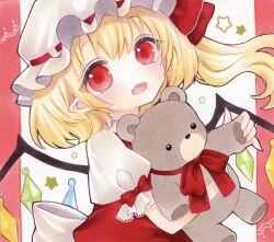 Rule 34 | 1girl, blonde hair, commentary, crystal wings, dress, fang, flandre scarlet, hair ribbon, hat, hat ribbon, holding, holding stuffed toy, looking at viewer, marker (medium), medium hair, mob cap, open mouth, pinafore dress, pointy ears, puffy short sleeves, puffy sleeves, red dress, red eyes, red ribbon, ribbon, shirt, short sleeves, side ponytail, skin fang, sleeve ribbon, sleeveless, sleeveless dress, solo, stuffed animal, stuffed toy, teddy bear, touhou, traditional media, upper body, white hat, white shirt, yuuki hana (jtnp5334)