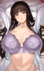 Rule 34 | 1girl, absurdres, arms behind head, blunt bangs, blush, bra, breasts, brown eyes, brown hair, collarbone, condom box, floral print, furrowed brow, girls und panzer, highres, huge breasts, long hair, looking at viewer, lying, maruyaa (malya1006), mature female, navel, nishizumi shiho, on back, open clothes, open shirt, parted lips, purple bra, shirt, solo, underwear, upper body, white shirt