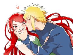 Rule 34 | 1boy, 1girl, ;d, awarinko, blonde hair, blush, cheek squash, closed eyes, commentary request, heart, husband and wife, long hair, long sleeves, namikaze minato, naruto (series), naruto shippuuden, one eye closed, open mouth, red eyes, red hair, sidelocks, simple background, smile, spiked hair, uzumaki kushina, white background
