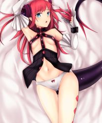Rule 34 | 10s, 1girl, aqua eyes, armpits, bed sheet, breasts, commentary request, detached sleeves, dragon horns, dragon tail, elizabeth bathory (fate), elizabeth bathory (fate/extra ccc), elizabeth bathory (first ascension) (fate), fang, fate/extra, fate/extra ccc, fate (series), highres, horns, kano (kanokano44), long hair, lying, navel, panties, parted lips, pointy ears, red hair, small breasts, solo, tail, underwear, white panties