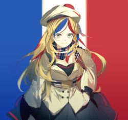 Rule 34 | 1girl, beret, black skirt, blonde hair, blue hair, buttons, commandant teste (kancolle), cowboy shot, double-breasted, flag background, french flag, hat, highres, kantai collection, kleinlight, long hair, multicolored clothes, multicolored hair, multicolored scarf, one-hour drawing challenge, plaid, plaid scarf, pleated skirt, pom pom (clothes), red hair, scarf, skirt, solo, streaked hair, swept bangs, wavy hair, white hair