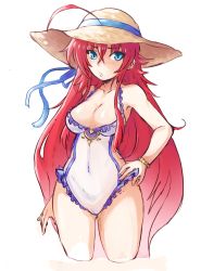 Rule 34 | 1girl, ahoge, alternate breast size, blue eyes, blue one-piece swimsuit, bracelet, breasts, closed mouth, cosplay, cowboy shot, frilled swimsuit, frills, frown, genkillua, granblue fantasy, hand on own hip, heles, heles (cosplay), high school dxd, jewelry, long hair, looking at viewer, medium breasts, navel, one-piece swimsuit, red hair, rias gremory, see-through, solo, standing, swimsuit, very long hair, white background, white one-piece swimsuit