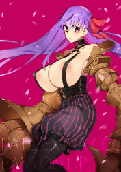 Rule 34 | 1girl, armor, bare shoulders, bloomers, breasts, choker, fate/extra, fate/extra ccc, fate (series), highres, large breasts, long hair, nipples, open mouth, pantyhose, passionlip (fate), pink background, pink eyes, purple hair, ribbon, underwear