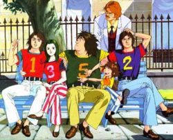 Rule 34 | 1970s (style), 1girl, 5boys, bench, blue pants, character request, doctor, everyone, facial hair, fence, full body, gatchaman, jinpei the swallow, joe the condor, jun the swan, ken the eagle, long hair, looking at viewer, lowres, male focus, multiple boys, mustache, oldschool, outdoors, pants, retro artstyle, ryu the owl, shirt, sitting, striped clothes, striped pants, t-shirt, tatsunoko production, tree, vertical-striped clothes, vertical-striped pants, white pants, yellow pants