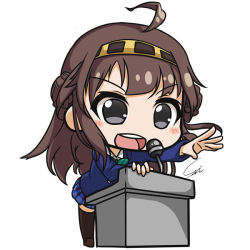 Rule 34 | &gt;:d, 10s, 1girl, :d, ahoge, alternate costume, black eyes, black thighhighs, blazer, bow, brown hair, carillus, chibi, double bun, hair bun, hairband, jacket, kantai collection, kongou (kancolle), love live!, love live! school idol project, microphone, open mouth, plaid, plaid skirt, pleated skirt, podium, school uniform, simple background, skirt, smile, solo, thighhighs, v-shaped eyebrows, white background, zettai ryouiki