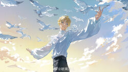 Rule 34 | 1boy, absurdres, bird, black pants, blonde hair, blue eyes, blue sky, bolichar, cloud, cowboy shot, curtained hair, dove, ear chain, frilled shirt, frills, gradient sky, grin, highres, long sleeves, looking at viewer, love and producer, male focus, outstretched arms, pants, parted bangs, puffy long sleeves, puffy sleeves, shirt, shirt tucked in, short hair, sky, smile, solo, spread arms, standing, sunrise, weibo logo, weibo watermark, white shirt, yellow sky, zhou quiluo