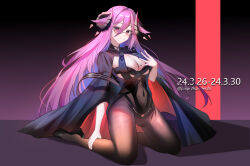 Rule 34 | 1girl, absurdres, artist name, azur lane, black footwear, black horns, bodystocking, breast cutout, breasts, cleavage, commentary request, covered navel, curled horns, dated, demon horns, framed breasts, friedrich carl (azur lane), full body, gradient background, hair between eyes, highres, horn ornament, horns, kneeling, large breasts, long hair, long sleeves, looking at viewer, nail polish, pantyhose, pink eyes, pink hair, purple background, purple nails, rectangular eyewear, semi-rimless eyewear, shoes, simple background, thunder-35, very long hair