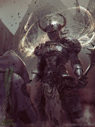 Rule 34 | armor, from behind, full armor, helmet, hood, horns, kneeling, legend of the cryptids, mace, original, single horn, snatti, standing, weapon, wings