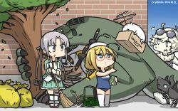 Rule 34 | 3girls, ahoge, akitsushima (kancolle), amazon (company), anchor, blonde hair, brand name imitation, brick wall, commentary request, dated, enemy lifebuoy (kancolle), eyewear on head, full body, glasses, green eyes, green skirt, grey hair, hair ornament, hair ribbon, hamu koutarou, hat, highres, i-8 (kancolle), kantai collection, long hair, low twintails, military, military uniform, mini hat, multiple girls, name tag, nishikitaitei-chan, one-piece swimsuit, peaked cap, pleated skirt, propeller, pt imp group, purple eyes, red-framed eyewear, ribbon, school swimsuit, semi-rimless eyewear, side ponytail, sidelocks, skirt, standing, sunglasses, supply depot princess, ^^^, swimsuit, thighhighs, trash bag, tree, twintails, under-rim eyewear, uniform, white legwear