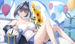 Rule 34 | 1girl, 2024, alternate costume, balloon, birthday, black hair, blue eyes, blush, box, breasts, clock, couch, earrings, feet out of frame, flower, gift, gift box, hololive, hololive english, jewelry, large breasts, on couch, open mouth, ouro kronii, shorts, smile, stuffed toy, sunflower, teeth, virtual youtuber, zenya