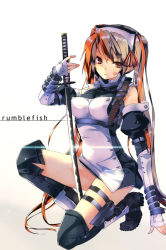 Rule 34 | 1girl, armor, boots, bow, brown hair, detached sleeves, elbow gloves, facial mark, fingerless gloves, gloves, greaves, gun, hair bow, hair ribbon, hat, holster, katana, kneeling, knife, long hair, maid, multicolored hair, on one knee, orange hair, original, red eyes, red hair, refeia, ribbon, solo, star (symbol), star facial mark, strap, sword, tattoo, thigh boots, thigh holster, thigh strap, thighhighs, two-tone hair, very long hair, weapon