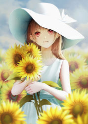 Rule 34 | 1girl, absurdres, bad id, bad pixiv id, bare shoulders, blurry, blurry background, blush, brown hair, closed mouth, cloud, dress, field, flower, flower field, hat, head tilt, highres, holding, holding flower, long hair, looking at viewer, nekoyama iori, original, outdoors, red eyes, signature, sky, sleeveless, sleeveless dress, solo, summer, sun hat, sundress, sunflower, sunflower field, white dress, white hat, yellow flower