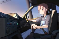 Rule 34 | 1girl, black shirt, blue hair, blue overalls, blunt bangs, blunt ends, brown eyes, brown hair, car interior, check vehicle, commentary, driving, highres, hozuki momiji, light blush, misori mania, multicolored hair, onii-chan wa oshimai!, overalls, seatbelt, shirt, short hair, short ponytail, short sleeves, sitting, smile, solo, sunset, toyota 86, two-tone hair
