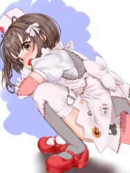 Rule 34 | absurdres, animal print, artist request, back bow, belt, bow, brown eyes, brown hair, cat print, elbow gloves, gloves, halloween costume, hat, highres, kantai collection, mary janes, nurse cap, pumpkin print, red footwear, shoes, short hair, squatting, thigh belt, thigh strap, thighhighs, ukuru (kancolle)