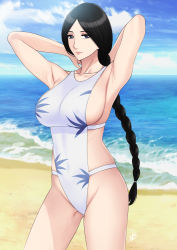 Rule 34 | 1girl, arms up, beach, black eyes, black hair, bleach, blue sky, braid, braided ponytail, breasts, closed mouth, cloud, highres, large breasts, light smile, long hair, ocean, sand, sky, solo, swimsuit, thighs, unohana retsu, very long hair, xter