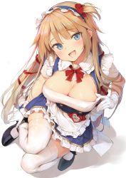 Rule 34 | 1girl, :d, absurdres, akai haato, black footwear, blonde hair, blue eyes, blush, breasts, cleavage cutout, clothes tug, clothing cutout, dress, gloves, hair ornament, hair ribbon, head tilt, heart, heart hair ornament, highres, hololive, large breasts, long hair, looking at viewer, mary janes, one side up, open mouth, red ribbon, ribbon, shoes, smile, solo, sy4, thighhighs, very long hair, virtual youtuber, white thighhighs