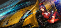 Rule 34 | 1girl, :o, apple inc., black hair, blue eyes, car, citron, computer, highres, laptop, lm7 (op-center), long hair, looking at viewer, macintosh, motor vehicle, open mouth, original, red thighhighs, renault, renault megane, sitting, solo, thighhighs, vehicle, vehicle focus