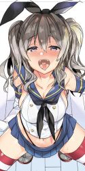 Rule 34 | 1girl, araki kanao, black neckerchief, black panties, blue sailor collar, blue skirt, breasts, commentary request, cosplay, crop top, elbow gloves, gloves, grey eyes, hairband, highleg, highleg panties, horizontal-striped legwear, kantai collection, kashima (kancolle), kneeling, large breasts, looking at viewer, microskirt, neckerchief, open mouth, oral invitation, panties, pleated skirt, pov, sailor collar, shimakaze (kancolle), shimakaze (kancolle) (cosplay), sidelocks, silver hair, skirt, solo, striped clothes, striped thighhighs, thighhighs, tsurime, twintails, underwear, uvula, wavy hair, white gloves