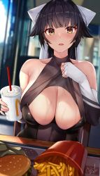 Rule 34 | 1girl, absurdres, azur lane, bare shoulders, black hair, black leotard, blunt bangs, blurry, blurry background, blush, bow, breasts, burger, chair, cleavage, clothes lift, collarbone, elbow gloves, food, french fries, gloves, hair bow, highres, huge filesize, indoors, large breasts, leotard, lifting own clothes, long hair, looking at viewer, mcdonald&#039;s, open mouth, ponytail, race queen, signature, sitting, solo, strapless, strapless leotard, table, takao (azur lane), takao (full throttle charmer) (azur lane), u ronnta, upper body, very long hair, wet, white bow, white gloves, yellow eyes