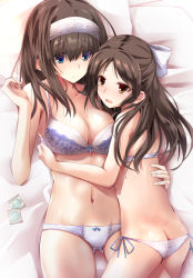 Rule 34 | 2girls, ass, bed, black hair, blue eyes, blush, bow, breasts, brown eyes, brown hair, butt crack, cleavage, commentary request, condom, hair bow, hairband, half updo, hand on another&#039;s back, idolmaster, idolmaster cinderella girls, large breasts, lingerie, long hair, looking at viewer, multiple girls, navel, open mouth, panties, pillow, rikudou inuhiko, sagisawa fumika, side-tie panties, tachibana arisu, underwear, underwear only, wavy mouth