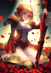 Rule 34 | 10s, 1girl, absurdres, aestus estus, ahoge, blonde hair, boots, commentary request, dress, epaulettes, fate/extra, fate (series), flower, green eyes, groin, hair flower, hair ornament, highres, holding, holding sword, holding weapon, leotard, nero claudius (fate), nero claudius (fate) (all), nero claudius (fate/extra), petals, red dress, rose, rose petals, see-through, solo, sword, terai (teraimorimori), weapon