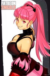 Rule 34 | 1girl, absurdres, breasts, cleavage, commentary, english commentary, fire emblem, fire emblem: three houses, highres, hilda valentine goneril, jewelry, large breasts, looking at viewer, looking back, nintendo, pink eyes, pink hair, simple background, smgold, solo