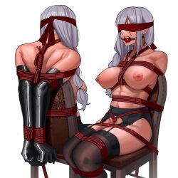 Rule 34 | 1girl, absurdres, ball gag, bdsm, blindfold, bondage, bottomless, bound, breasts, chair, crotch rope, elbow gloves, gag, garter belt, garter straps, gloves, harris hero, highres, large breasts, multiple views, nipples, original, pussy, restrained, shibari, sitting, solo, thighhighs, topless, yuri crimson