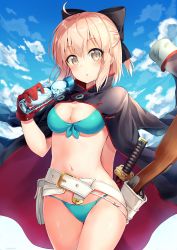 Rule 34 | 1girl, :o, ahoge, artist name, belt, bikini, blonde hair, blue sky, blush, bow, breasts, cape, cloud, commentary request, cowboy shot, day, fate (series), hair between eyes, hair bow, highres, katana, koha-ace, looking at viewer, medium breasts, navel, nonono (nononotea), okita souji (fate), okita souji (koha-ace), open mouth, outdoors, ramune, short hair, sky, solo, swimsuit, sword, weapon
