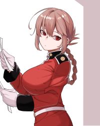 Rule 34 | 1girl, belt, braid, braided ponytail, breasts, closed mouth, fate/grand order, fate (series), florence nightingale (fate), from side, gloves, highres, jacket, large breasts, long hair, long sleeves, looking at viewer, military, military uniform, pink hair, red eyes, red jacket, solo, uniform, white background, white gloves, xkxh1674