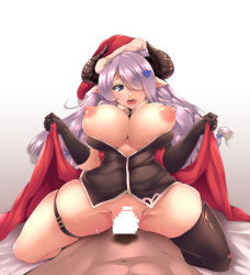 Rule 34 | 10s, 1boy, 1girl, :d, alternate costume, black gloves, black thighhighs, blue eyes, blush, breasts, breasts out, cape lift, censored, cowgirl position, curvy, demon horns, draph, girl on top, gloves, granblue fantasy, hair ornament, hair over one eye, hat, hetero, highres, horns, large breasts, light purple hair, long hair, looking at viewer, male pubic hair, narmaya (granblue fantasy), nipples, nose blush, oohira sansetto, oohira sunset, open mouth, pointy ears, pov, pov crotch, pubic hair, puffy nipples, santa costume, santa hat, sex, single thighhigh, smile, solo focus, steam, straddling, sweat, thick thighs, thigh strap, thighhighs, thighs, vaginal, wide hips